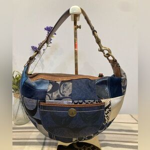 Coach Patchwork Denim Leather Shoulder Bag Blue Silver 10019